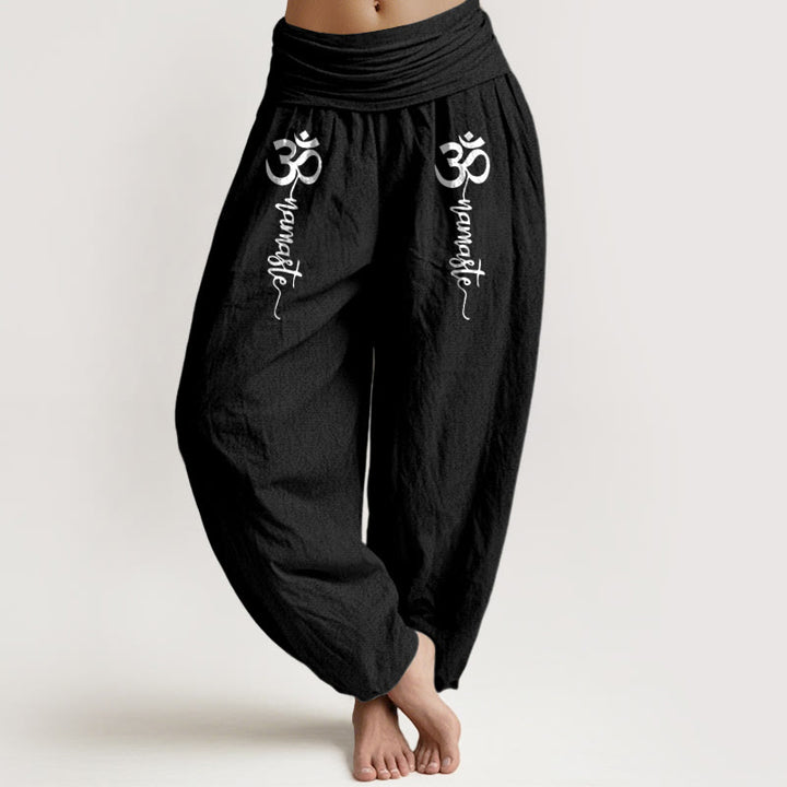 Buddha Stones Pantalon harem pour femme en pur coton à taille élastique et motif Namaste Om - Noir - US16，UK/AU20，EU48 (3XL) - image 5