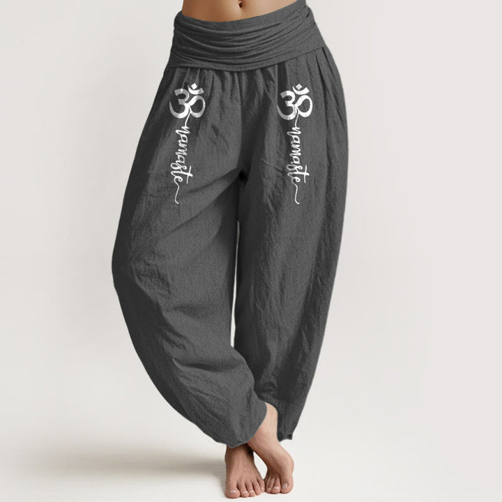 Buddha Stones Pantalon harem pour femme en pur coton à taille élastique et motif Namaste Om - Gris terne - US16，UK/AU20，EU48 (3XL) - image 8