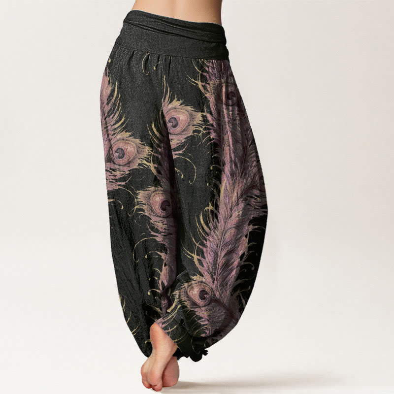 Pantalon sarouel taille élastique pour femme en pur coton avec motif phénix brillant et Buddha Stones - image 1