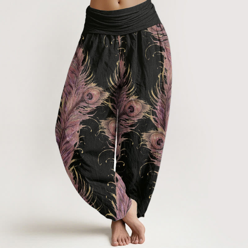 Pantalon sarouel taille élastique pour femme en pur coton avec motif phénix brillant et Buddha Stones - Noir - US22，UK/AU26，EU54 (6XL) - image 0