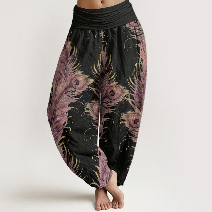Pantalon sarouel taille élastique pour femme en pur coton avec motif phénix brillant et Buddha Stones - Noir - US22，UK/AU26，EU54 (6XL) - image 0
