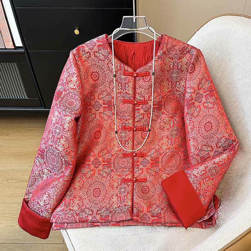 Veste en coton à manches longues et poches pour femme Buddha Stones, motif floral symétrique en jacquard - Rouge - US8-10，UK/AU12-14，EU40-42 (2XL) - image 0