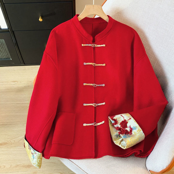 Veste d'hiver en coton à manches longues pour femme, avec poches et broderies de Buddha Stones - Cramoisi - US6，UK/AU10，EU38 (XL) - image 0