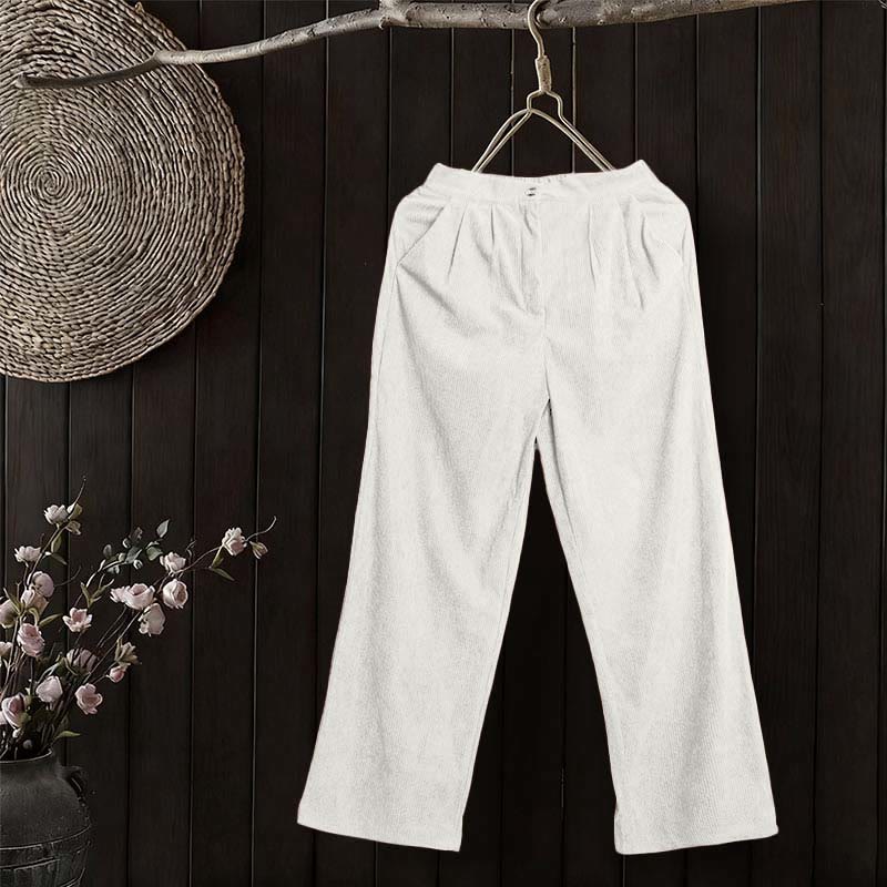 Pantalon droit décontracté en velours côtelé Buddha Stones pour femme avec poches - Blanc - US14，UK/AU18，EU46 (2XL) - image 11