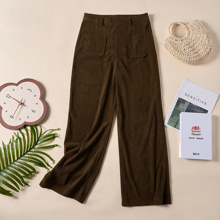 Pantalon large en velours côtelé uni et polyester Buddha Stones pour femme, avec boutons et poches - image 3