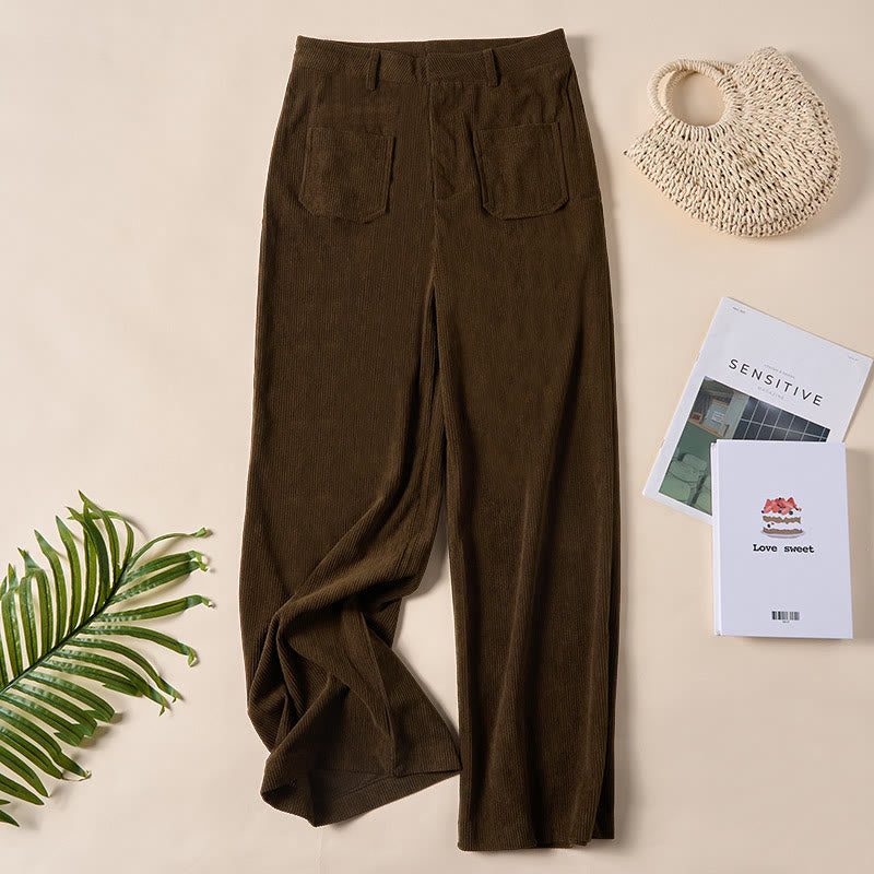 Pantalon large en velours côtelé uni et polyester Buddha Stones pour femme, avec boutons et poches - SaddleBrown - US14，UK/AU18，EU46 (2XL) - image 0