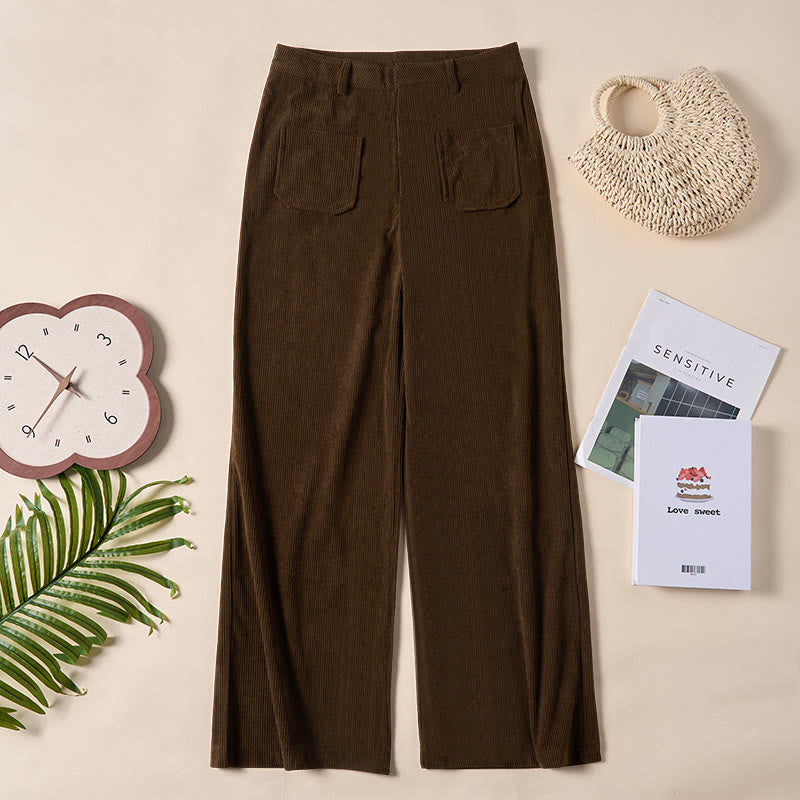 Pantalon large en velours côtelé uni et polyester Buddha Stones pour femme, avec boutons et poches - image 1