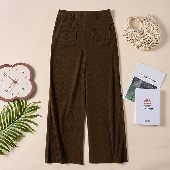 Pantalon large en velours côtelé uni et polyester Buddha Stones pour femme, avec boutons et poches - image 1