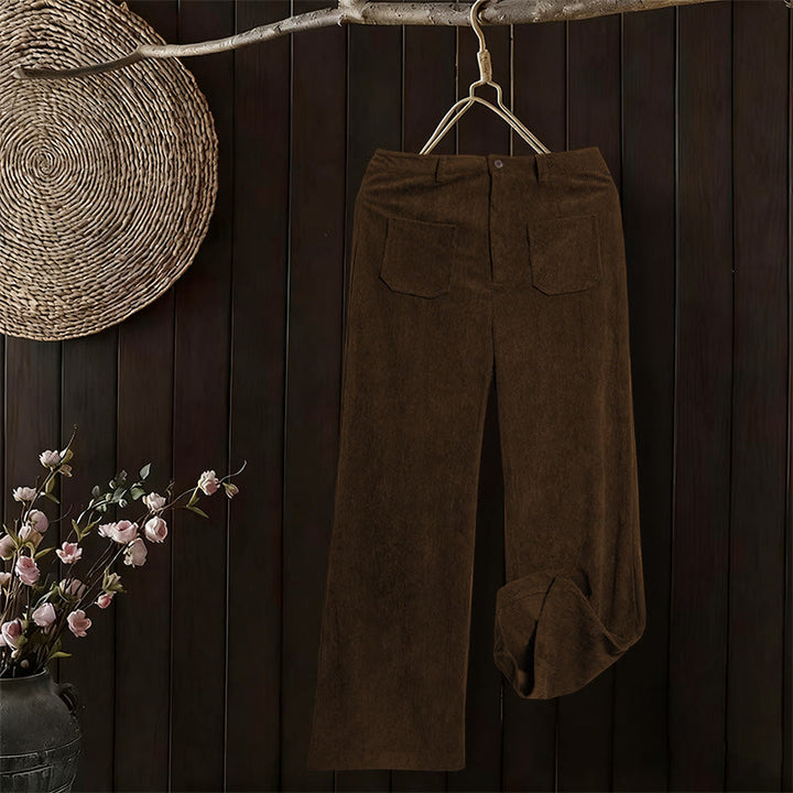 Pantalon large en velours côtelé uni et polyester Buddha Stones pour femme, avec boutons et poches - image 4