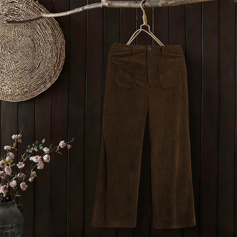 Pantalon large en velours côtelé uni et polyester Buddha Stones pour femme, avec boutons et poches - image 5