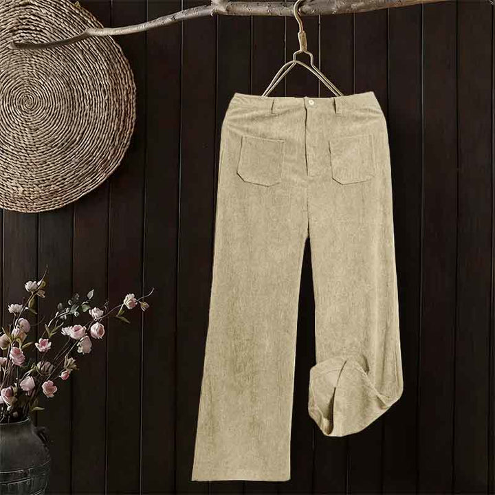 Pantalon large en velours côtelé uni et polyester Buddha Stones pour femme, avec boutons et poches - image 12