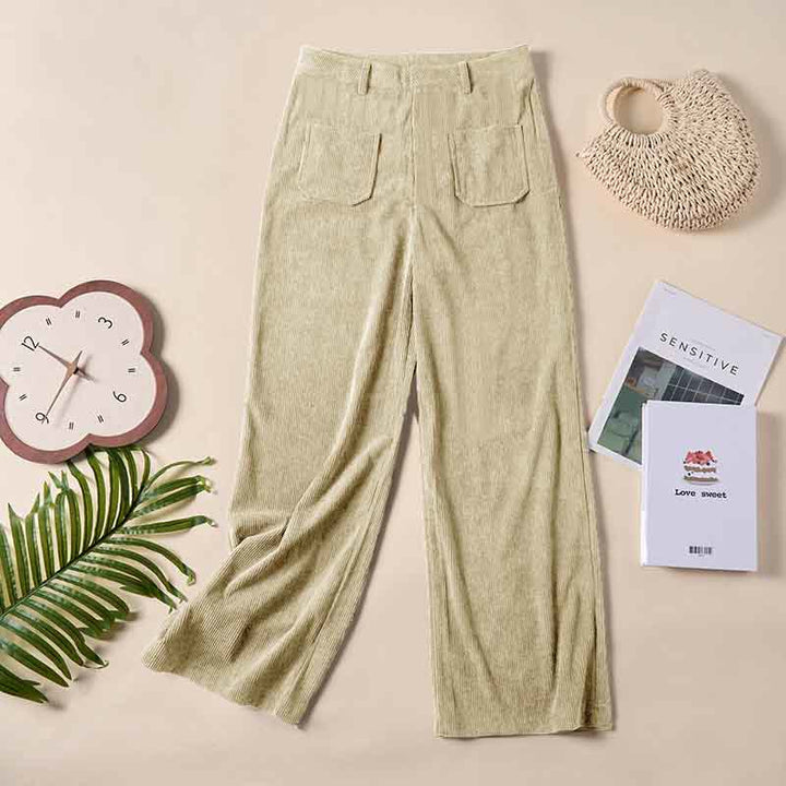 Pantalon large en velours côtelé uni et polyester Buddha Stones pour femme, avec boutons et poches - image 13