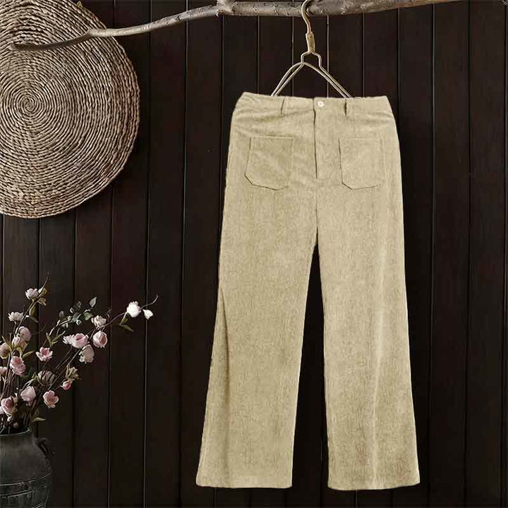 Pantalon large en velours côtelé uni et polyester Buddha Stones pour femme, avec boutons et poches - Beige - US14，UK/AU18，EU46 (2XL) - image 9