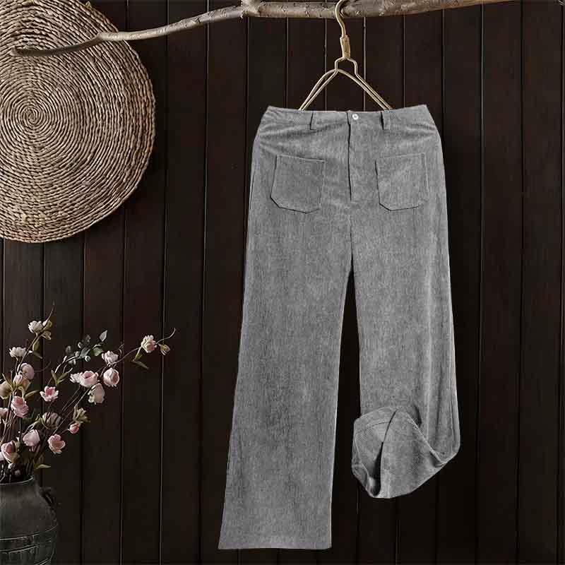 Pantalon large en velours côtelé uni et polyester Buddha Stones pour femme, avec boutons et poches - Gris foncé - US14，UK/AU18，EU46 (2XL) - image 14