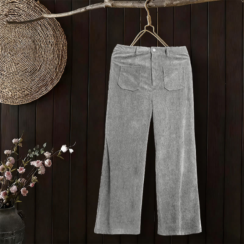 Pantalon large en velours côtelé uni et polyester Buddha Stones pour femme, avec boutons et poches - image 16
