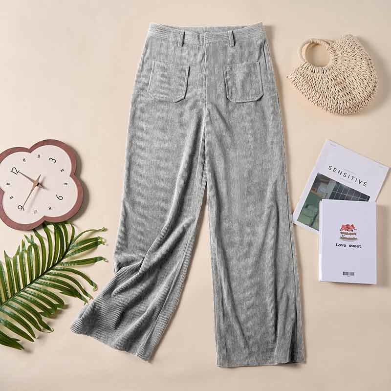 Pantalon large en velours côtelé uni et polyester Buddha Stones pour femme, avec boutons et poches - image 20