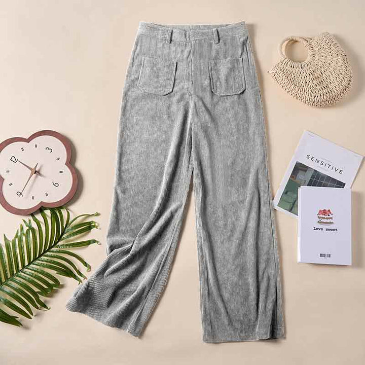 Pantalon large en velours côtelé uni et polyester Buddha Stones pour femme, avec boutons et poches - image 20