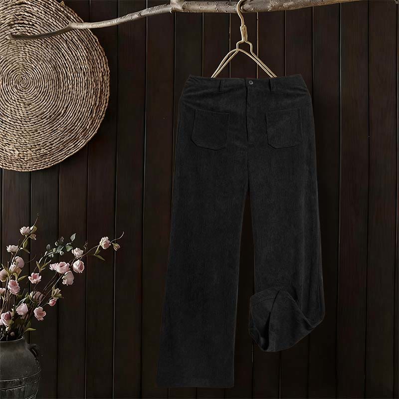 Pantalon large en velours côtelé uni et polyester Buddha Stones pour femme, avec boutons et poches - image 24