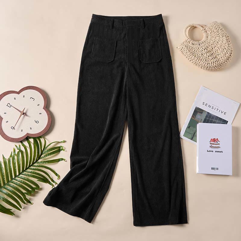 Pantalon large en velours côtelé uni et polyester Buddha Stones pour femme, avec boutons et poches - image 22