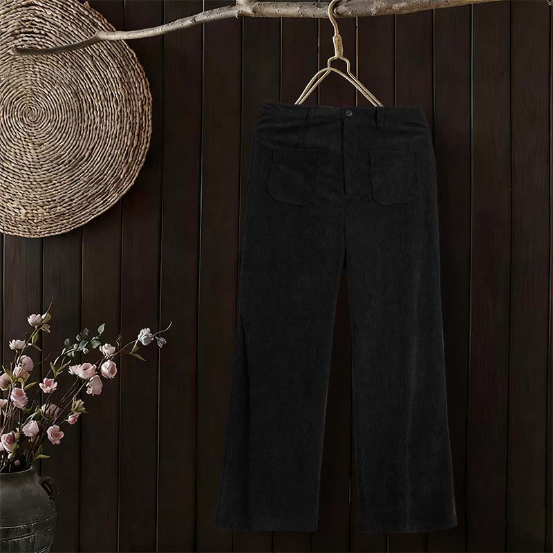 Pantalon large en velours côtelé uni et polyester Buddha Stones pour femme, avec boutons et poches - image 25