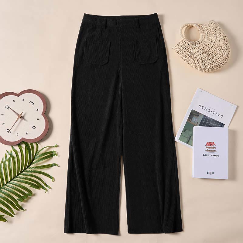 Pantalon large en velours côtelé uni et polyester Buddha Stones pour femme, avec boutons et poches - image 23