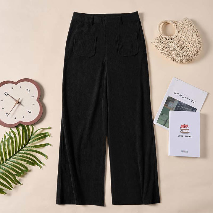 Pantalon large en velours côtelé uni et polyester Buddha Stones pour femme, avec boutons et poches - image 23