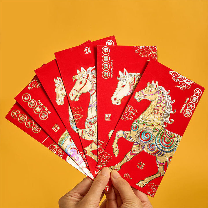 Lot de 6 enveloppes rouges chinoises en Buddha Stones, Année du Cheval, porte-bonheur, Nouvel An 2026 - Bonne chance Année du Cheval - 6 enveloppes rouges chinoises (16,9 x 9 cm) - image 0