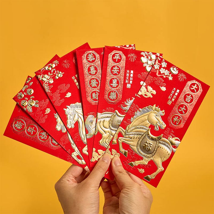 Buddha Stones 6 pièces Enveloppe rouge chinoise Année du Cheval Meilleurs vœux pour la nouvelle année 2026 - Bonne année du cheval - 6 enveloppes rouges chinoises (16,9 x 9 cm) - image 0
