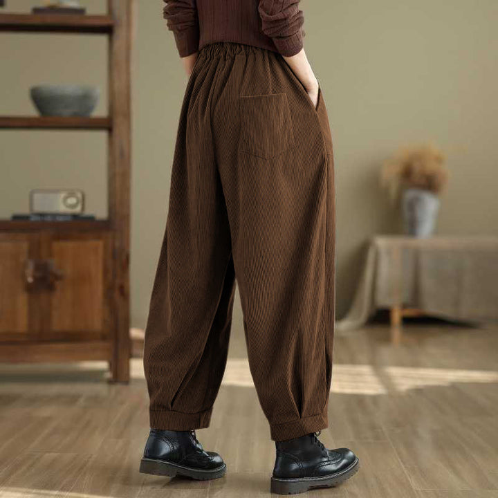 Pantalon Buddha Stones en velours côtelé pour femme, couleur unie, longueur cheville, design simple, avec poches, collection hiver - image 9