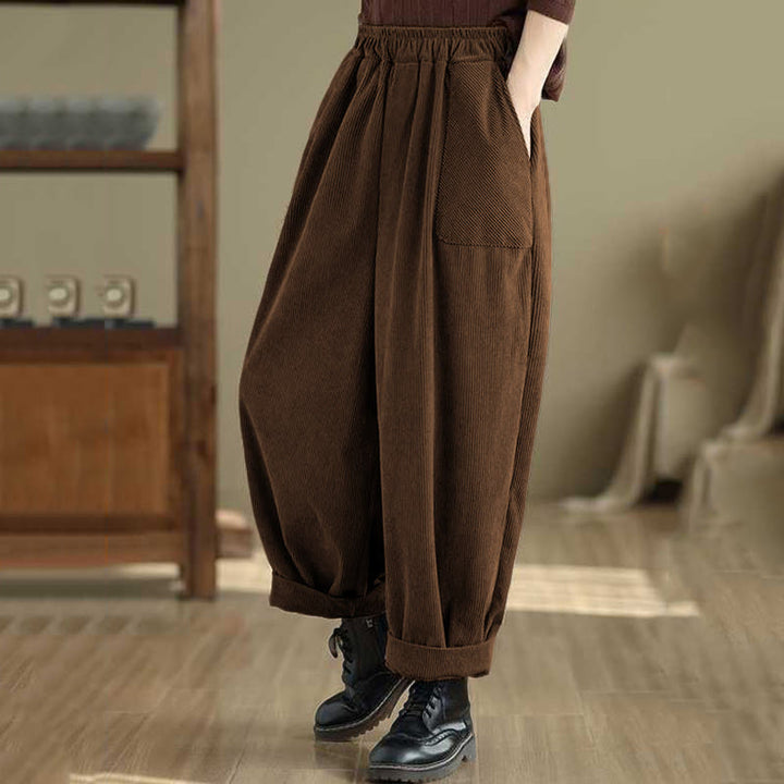 Pantalon Buddha Stones en velours côtelé pour femme, couleur unie, longueur cheville, design simple, avec poches, collection hiver - image 7