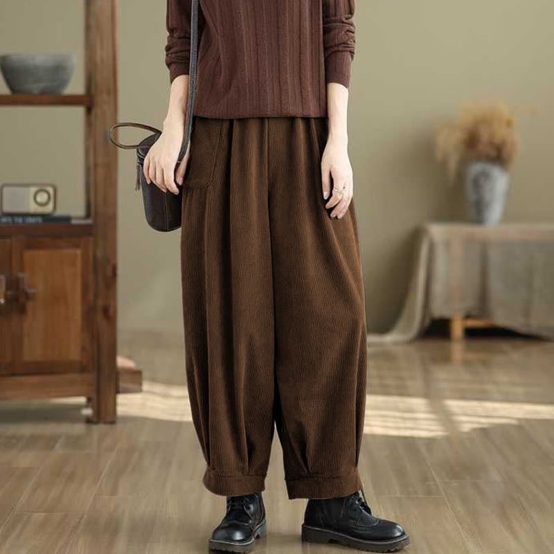 Pantalon Buddha Stones en velours côtelé pour femme, couleur unie, longueur cheville, design simple, avec poches, collection hiver - image 11