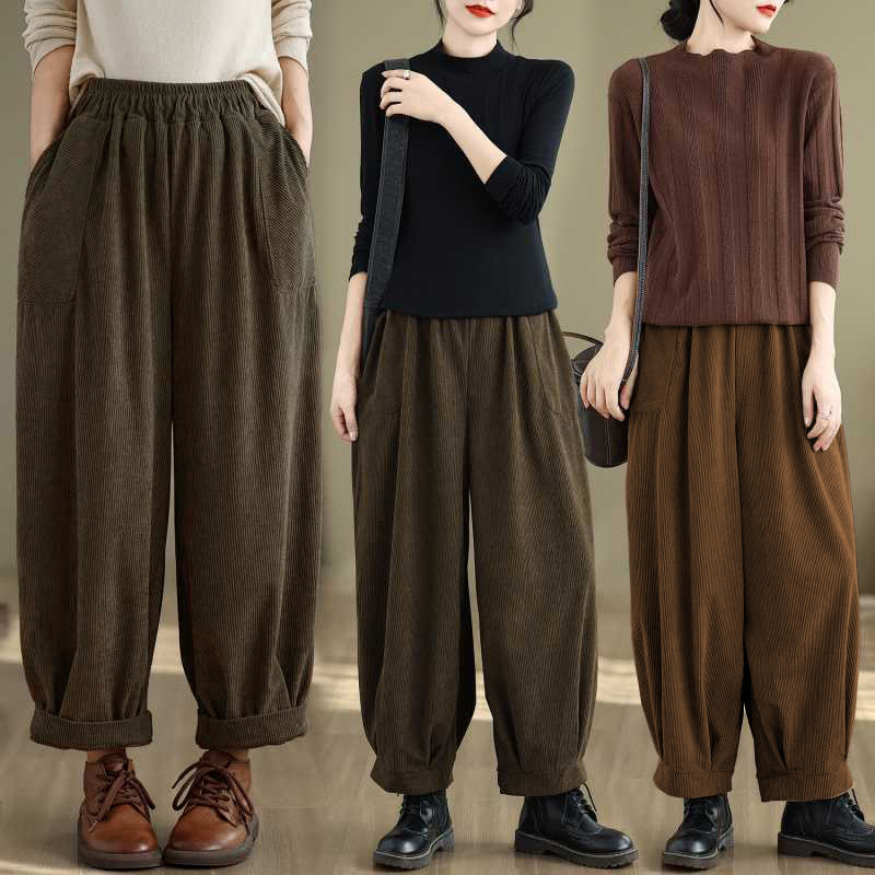 Pantalon Buddha Stones en velours côtelé pour femme, couleur unie, longueur cheville, design simple, avec poches, collection hiver - image 24