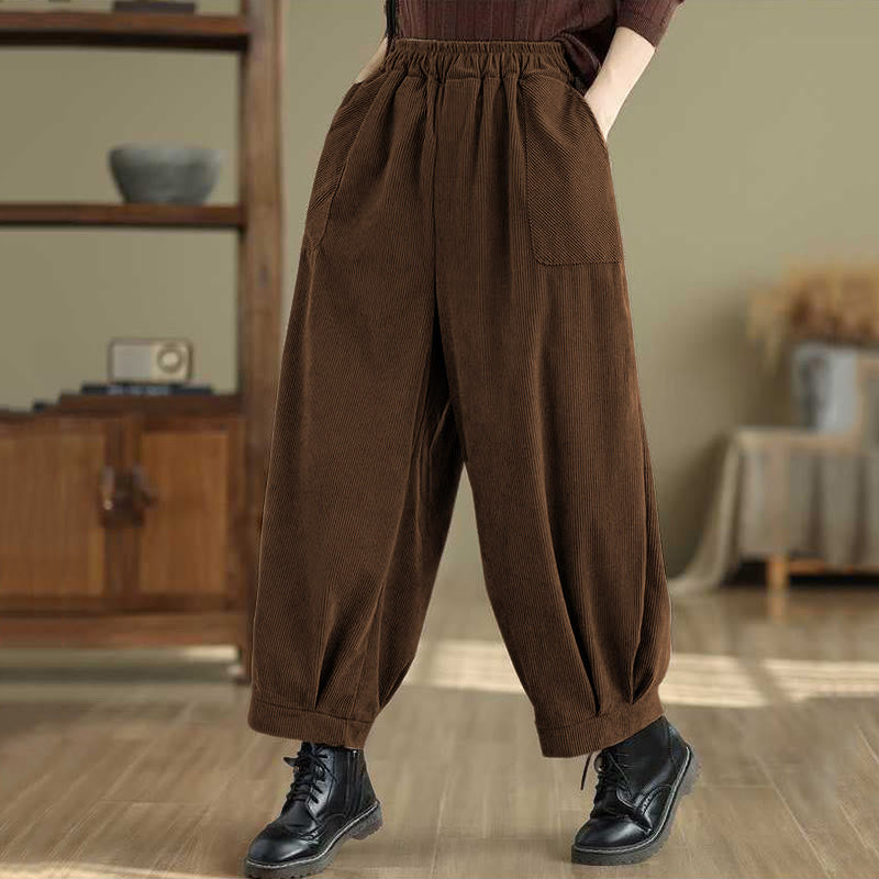 Pantalon Buddha Stones en velours côtelé pour femme, couleur unie, longueur cheville, design simple, avec poches, collection hiver - image 8