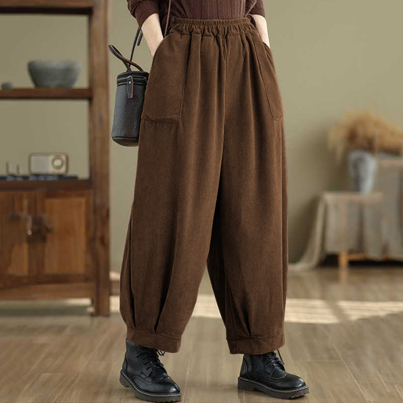 Pantalon Buddha Stones en velours côtelé pour femme, couleur unie, longueur cheville, design simple, avec poches, collection hiver - image 10