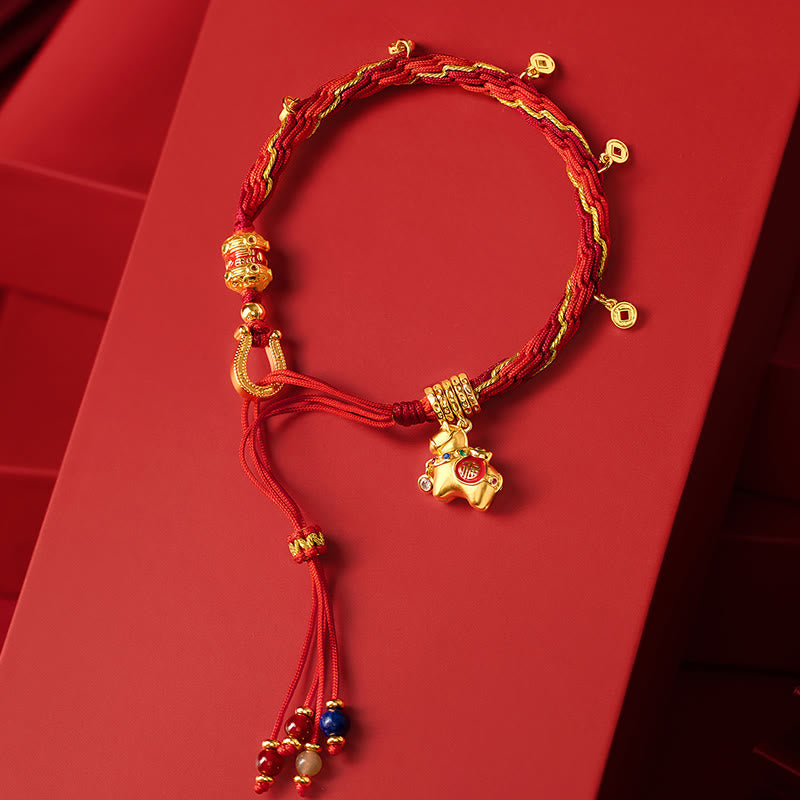 Buddha Stones Bracelet tressé rouge porte-bonheur en or 18 carats plaqué cuivre, représentant le personnage Fu de l'année du Cheval - Cheval et corde rouge (tour de poignet 15-22 cm) - image 0