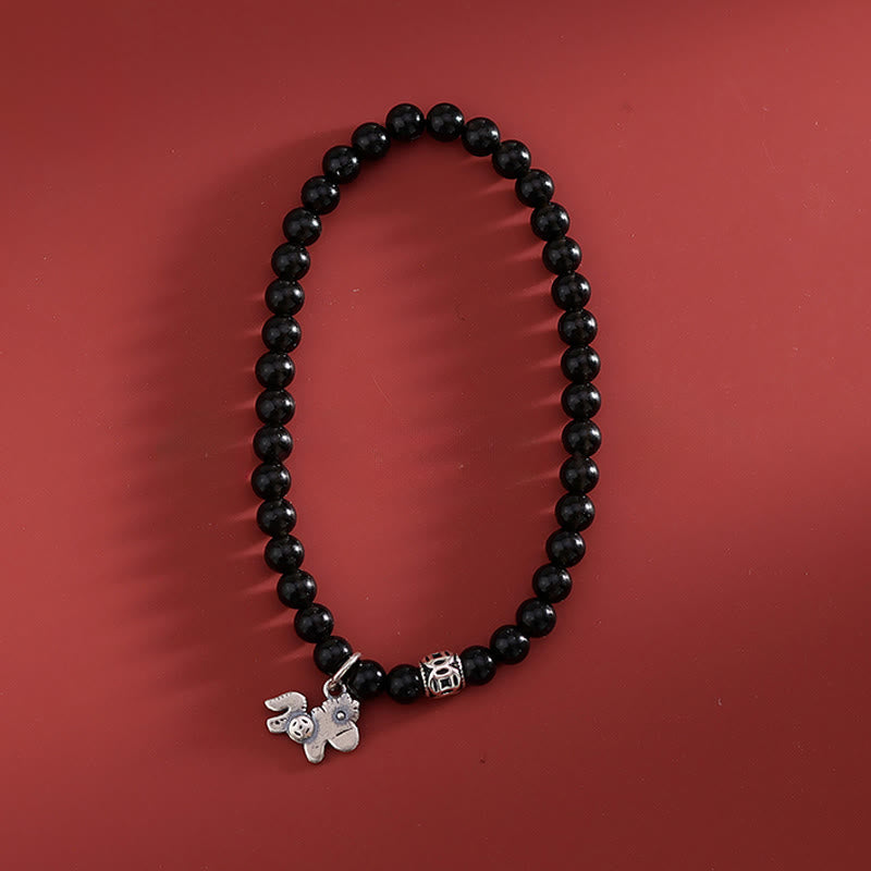 Bracelet de force en argent sterling 925 et obsidienne noire naturelle, Buddha Stones et symbole de l'année du Cheval - image 1