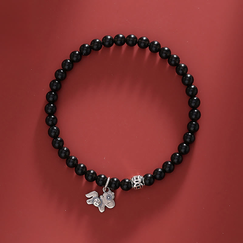 Bracelet de force en argent sterling 925 et obsidienne noire naturelle, Buddha Stones et symbole de l'année du Cheval - Cheval, argent sterling 925 et obsidienne noire (tour de poignet 16-17 cm) - image 0