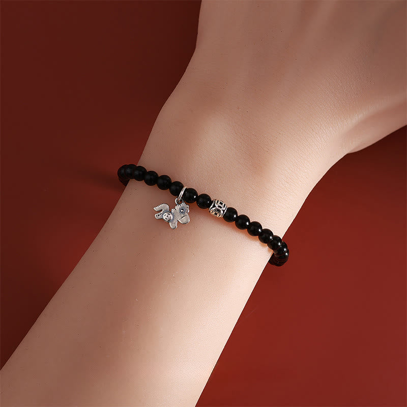 Bracelet de force en argent sterling 925 et obsidienne noire naturelle, Buddha Stones et symbole de l'année du Cheval - image 4