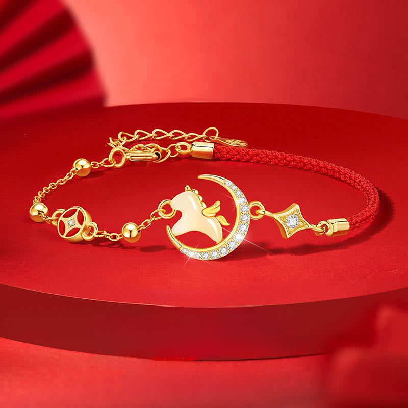 Bracelet en argent sterling 925 et zircons rouges, jade Hetian de Buddha Stones , année du cheval - Cheval, argent sterling 925 et cordon rouge (tour de poignet 14-18 cm) - image 0