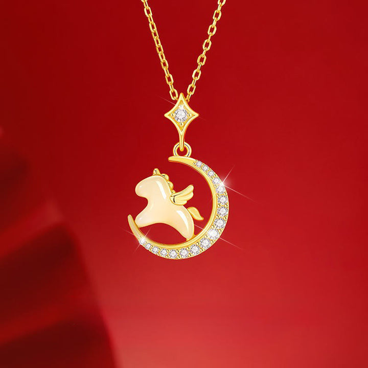 Collier pendentif en argent sterling 925, jade Hetian et zircon, Buddha Stones et symbole de l'année du Cheval - Jade, argent sterling 925 et zircon - image 0