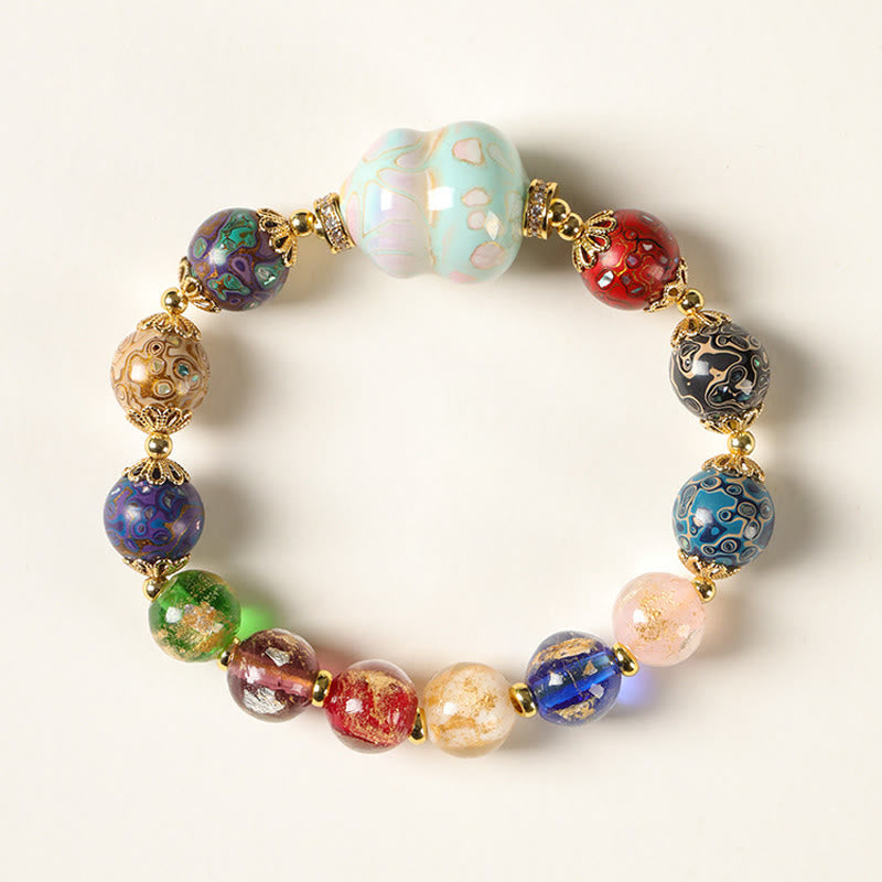 Bracelet artisanal en Buddha Stones, verre Liuli coloré, calebasse en bois de santal et perles laquées. - 10 mm - image 8