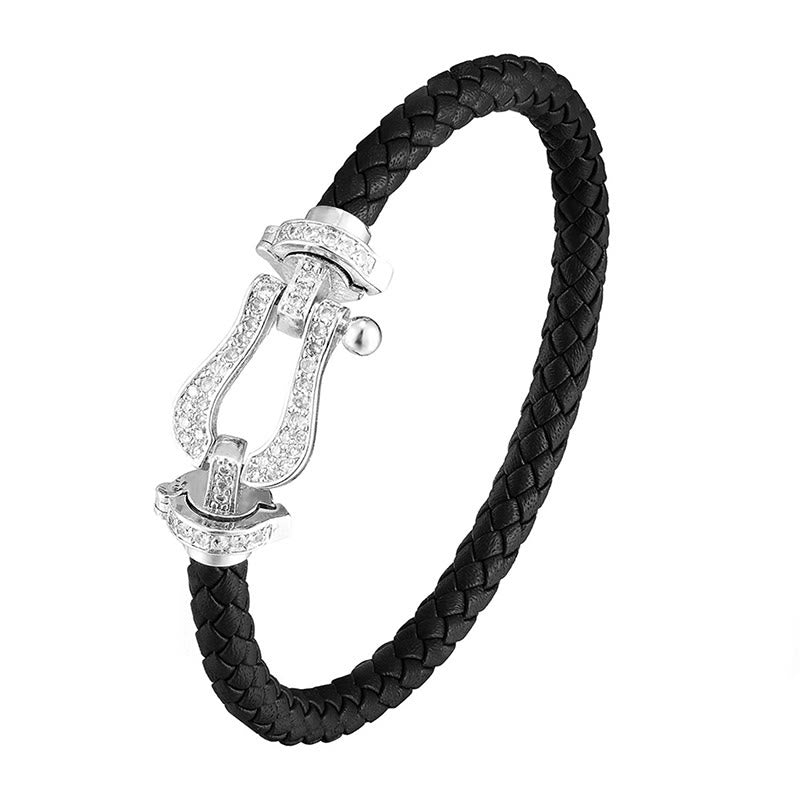 Bracelet en cuivre Buddha Stones Balance en forme de fer à cheval avec zircon et boucle en cuir - Boucle blanche et cuir noir - 23 cm - image 8