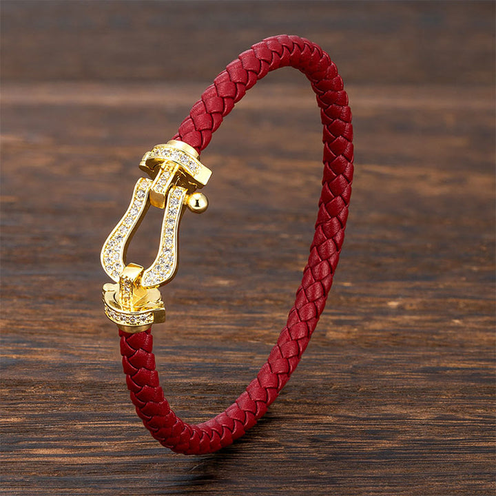 Bracelet en cuivre Buddha Stones Balance en forme de fer à cheval avec zircon et boucle en cuir - Boucle dorée et cuir rouge - 23 cm - image 0