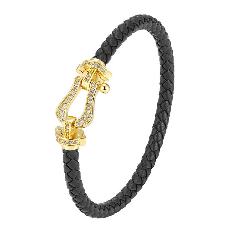 Bracelet en cuivre Buddha Stones Balance en forme de fer à cheval avec zircon et boucle en cuir - Boucle dorée et cuir noir - 23 cm - image 7