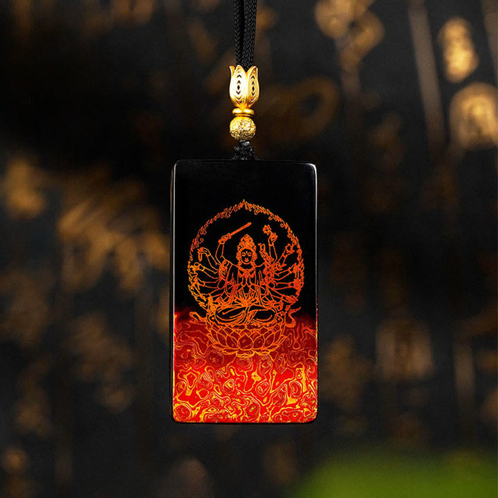 Collier pendentif en bois de santal , Buddha Stones, du zodiaque chinois et du caractère Fu du Bouddha natal, en laque. - Avalokitesvara aux mille bras - image 1