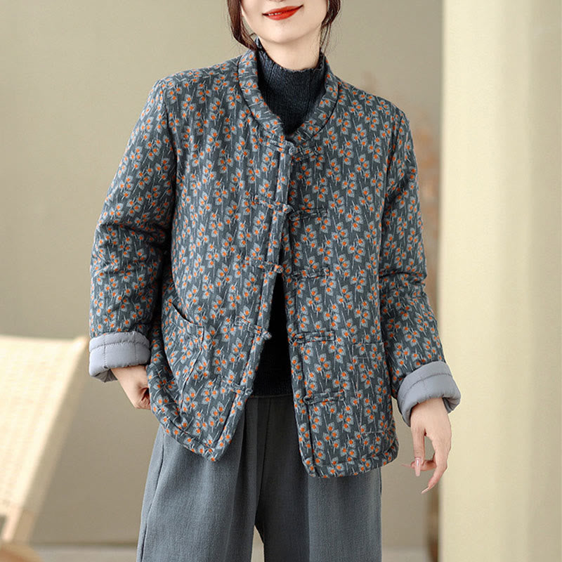 Veste d'hiver pour femme en coton épais à manches longues et poches, ornée de boutons grenouille et de fleurs, de Buddha Stones. - image 3