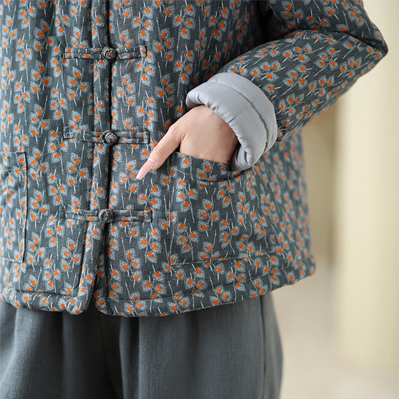 Veste d'hiver pour femme en coton épais à manches longues et poches, ornée de boutons grenouille et de fleurs, de Buddha Stones. - image 8