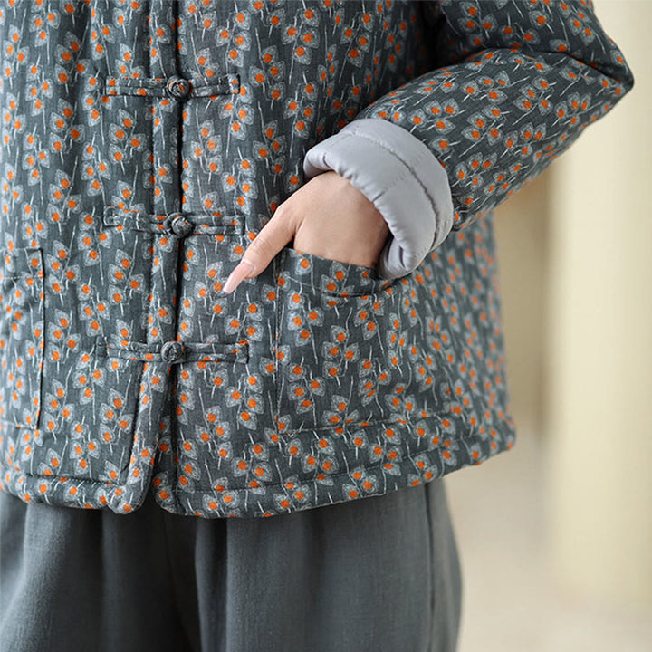 Veste d'hiver pour femme en coton épais à manches longues et poches, ornée de boutons grenouille et de fleurs, de Buddha Stones. - image 8