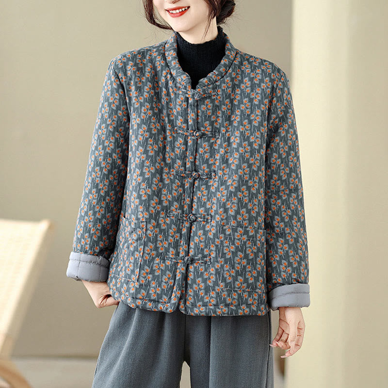 Veste d'hiver pour femme en coton épais à manches longues et poches, ornée de boutons grenouille et de fleurs, de Buddha Stones. - image 1