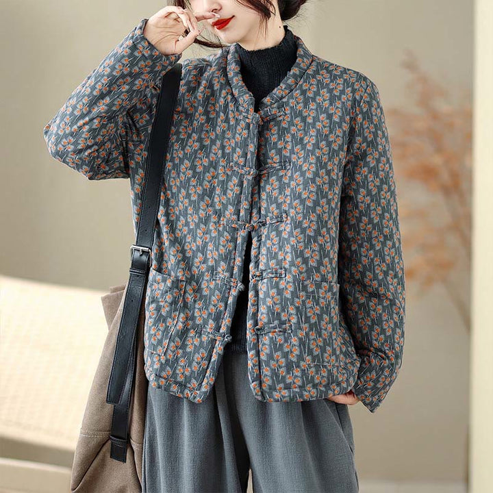 Veste d'hiver pour femme en coton épais à manches longues et poches, ornée de boutons grenouille et de fleurs, de Buddha Stones. - image 5